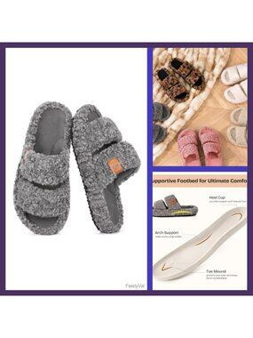 Faux Fur Memory Foam Open Toe House Slippers Non Slip Indoor Outdoor